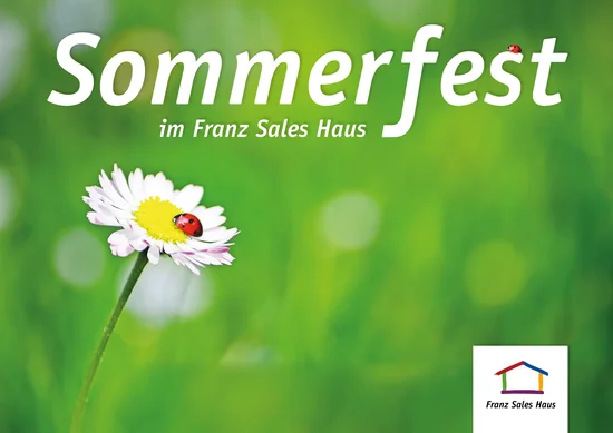 Grüner Hintergrund mit Gänseblümchen, Marienkäfern und dem Text ‚Sommerfest‘