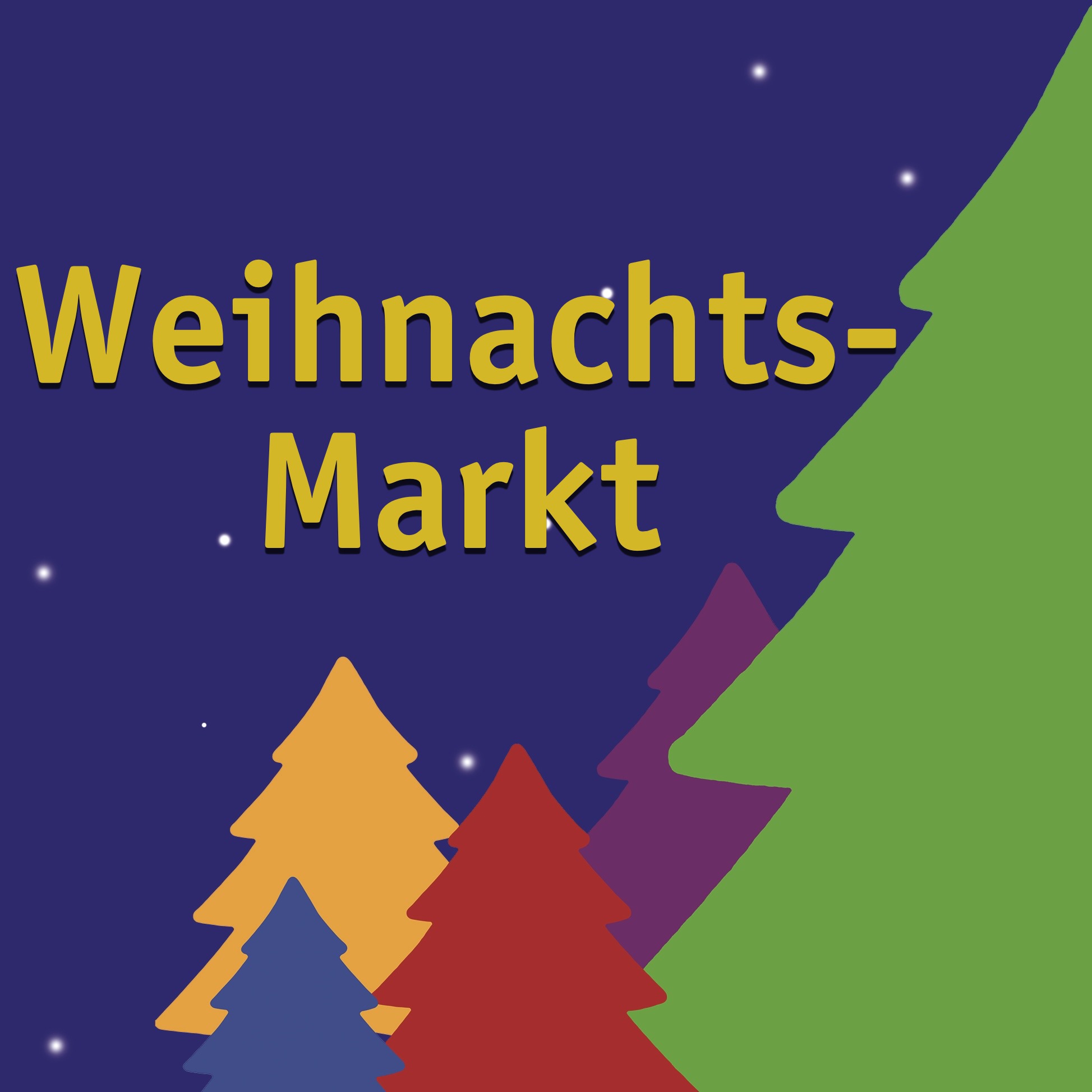 Das Bild zeigt eine festliche Szene mit dem Schriftzug „Weihnachts-Markt“ in großen, gelben Buchstaben auf einem dunkelblauen Hintergrund. Im Hintergrund sind mehrere stilisiert dargestellte Weihnachtsbäume in verschiedenen Farben zu sehen – darunter Grün, Lila, Rot, Orange und Blau. Die Bäume sind übereinander geschichtet, wobei der größte grüne Baum sich auf der rechten Seite des Bildes befindet. Über das gesamte Bild verteilt sind kleine weiße Punkte, die an Sterne oder Schneeflocken erinnern und eine winterliche, weihnachtliche Stimmung erzeugen.